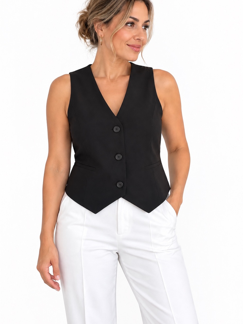 Tailored Crepe Button Front Vest Scoop Black M NWT